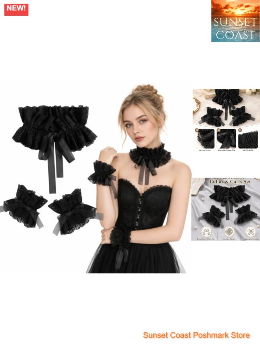 Lace Ruffle Collar & Cuff Set Victorian Clown Costume Accessories 3 Piece
